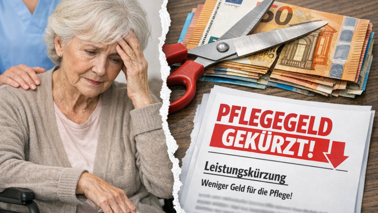 Ältere Frau sorgt sich über gekürztes Pflegegeld, daneben Euro-Scheine und Schere als Symbol für Kürzung der Pflegeleistung.